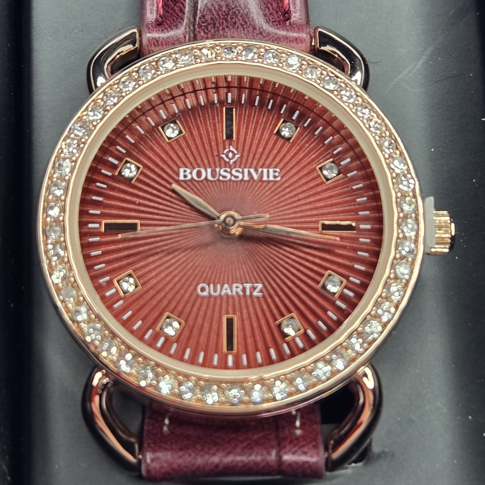 Avon Boussivie Women Quartz Watch Maroon Red Dial Crystal Bezel Rose Gold Tone